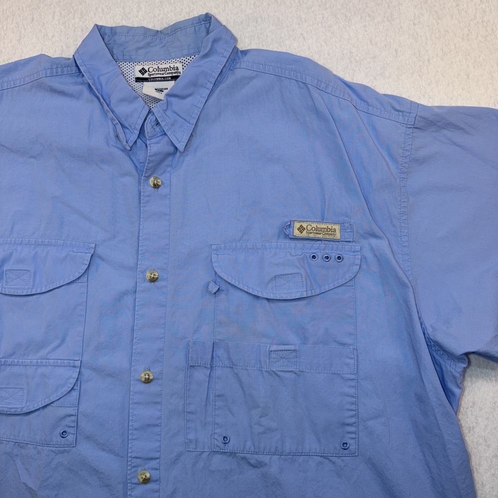 Mens Columbia PFG Fishing Shirt Short Sleeve Button Up Light Blue Size XL Vented